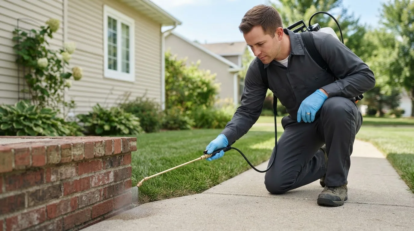 Pest control technician treating a home near Fletcher, MO