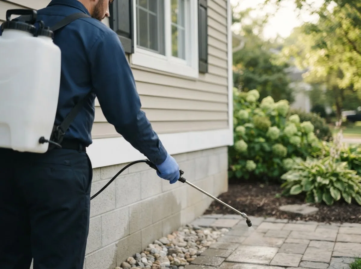 Pest control technician inspecting a home in Fletcher, MO